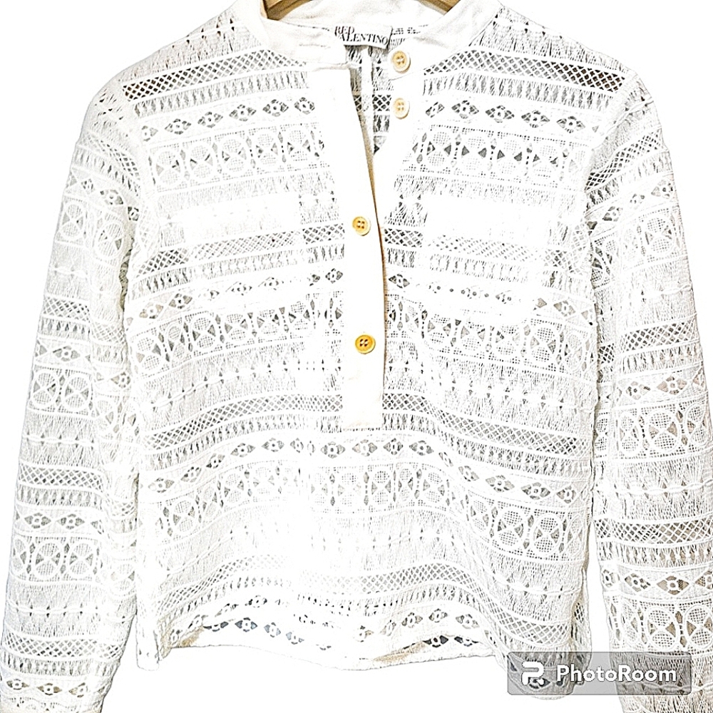 Valentino white lace blouse Henley style button collar cuff sleeves 40 EU